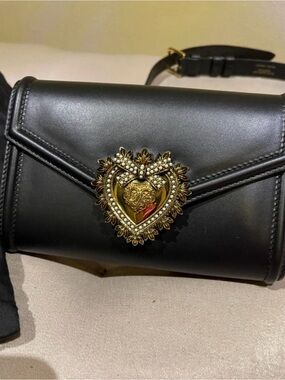 Dolce & Gabbana Black Leather  waist /belt bag with Gold Heart Emblem